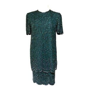 Vintage 90s NWT Beaded Sequin Soutache Cocktail Dress Emerald Green Size S/M